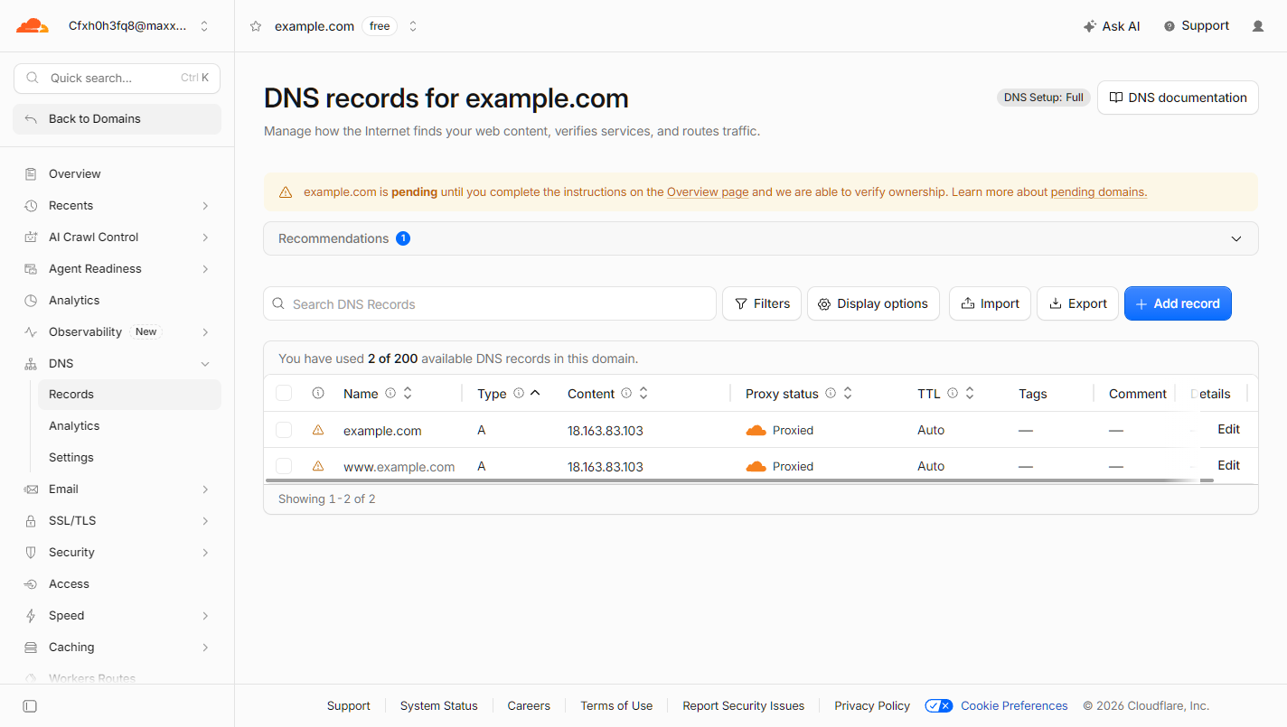Cloudflare A 记录指向 OEM 服务器截图